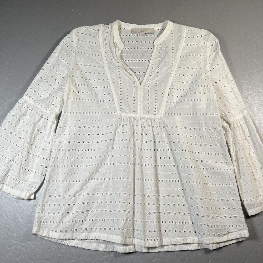 LOFT Blouse Womens Small White Eyelet Peasant Boho 3/4 Sleeve Tunic Top